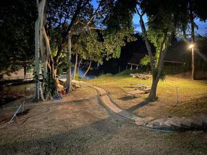 um parque à noite com uma luz de rua e uma árvore em เรือนแพคุณมน-Khun Mon Raft em Kanchanaburi