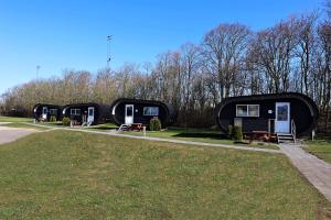 un groupe de petites maisons garées dans un parc dans l'établissement Plexus Hytterne, à Holstebro