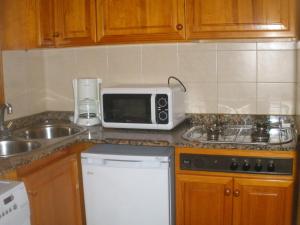 a kitchen counter with a microwave and a sink at Apartamentos Can Jordi in Cala Figuera