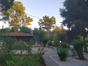 un jardín con un pabellón, árboles y plantas en Villa Nikos Koukounaries, en Koukounaries