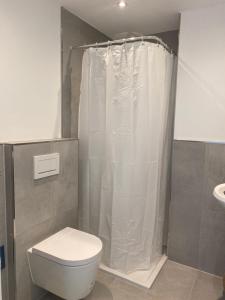 ein Bad mit einer Dusche, einem WC und einem Waschbecken in der Unterkunft Klytti‘s Pension in Sendenhorst