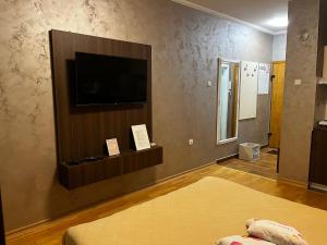 - un salon avec une télévision, un lit et une télévision dans l'établissement Apartman Studio DIAMOND, à Subotica