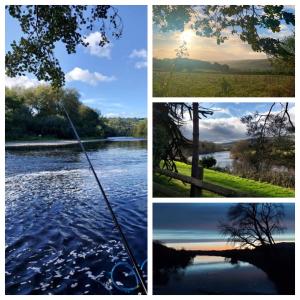 quatre images différentes d'une rivière avec un pôle de pêche dans l'eau dans l'établissement Spacious self catering accommodation near HayOnWye, à Hay-on-Wye