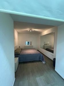 サレルノにあるLa Casa al Portoのベッドルーム(ベッド1台、大きな鏡付)