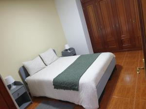 a bedroom with a bed with a green blanket at Cantinho dos Montes in Vila Real