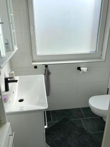 a bathroom with a white sink and a toilet at Casa Hasselholt in Ratzeburg