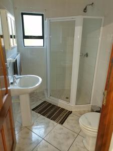 a bathroom with a shower and a sink and a toilet at Lake St Lucia Villas in St Lucia