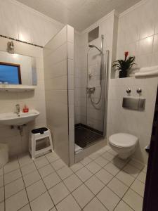 uma casa de banho com um chuveiro, um WC e um lavatório. em Hotel Sonnenkeller em Neu-Ulm