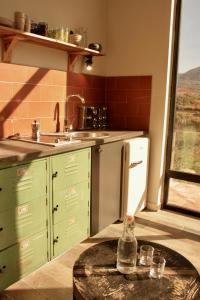 a kitchen with green cabinets and a sink and a table at Botë Farms Agriturismo in Sarandë