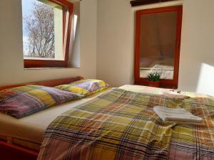 a bedroom with a bed with a blanket and two windows at Chalupa pod Bukovou horou, Jizerské hory in Smržovka