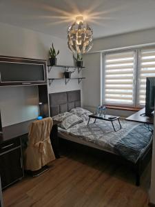 een slaapkamer met een bed en een televisie en een tafel bij Przytulny apartament w wieżowcu - Centrum miasta Podwisłocze 38 in Rzeszów