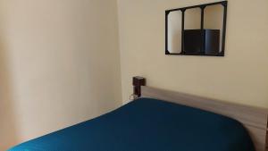 ラ・ロック・シュル・セーズにあるVilla Sénégasのベッドルーム(青いベッド1台、鏡付)