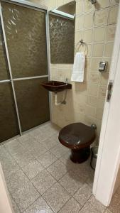 a bathroom with a brown toilet and a shower at Apartamento Frente à Praia Santos in Santos +13 photos