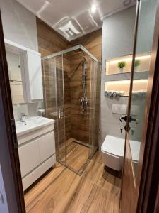 a bathroom with a shower and a toilet and a sink at Guesthouse Hoxha in Gjirokastër
