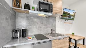una piccola cucina con lavandino e forno a microonde di HOMEY ARBUSTRO - Petit Studio - Proche frontière et Tram - Wifi a Gaillard