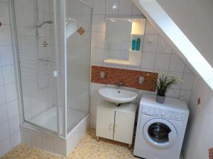 a bathroom with a shower sink and a washing machine at Scheitz 2 in Dahme