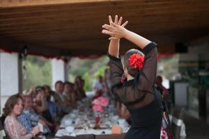 uma mulher está dançando na frente de uma multidão em Rural cottage in holiday park with 55 m2 pool em Tolox