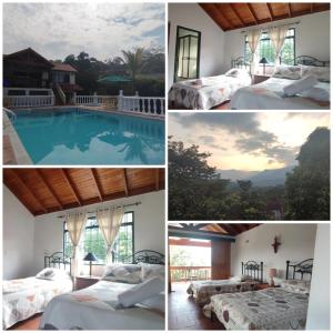 un collage de fotos de un dormitorio y una piscina en New Paradise Casa Campestre, en Villeta