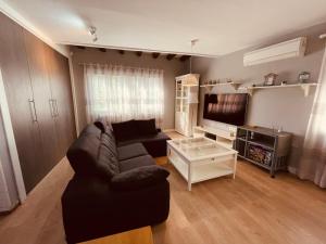 a living room with a black couch and a tv at Apartamento Cerro del Aire in Las Negras