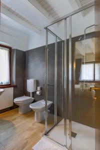 a bathroom with a toilet and a glass shower at Le Tofane, vivi la bellezza di Belluno - Narciso in Sòis