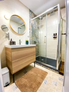 a bathroom with a shower and a sink and a mirror at Appartement avec vue sur la tour de Vésone in Périgueux