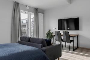 een slaapkamer met een bank, een tafel en een televisie bij B18 Apartments in Reykjavík