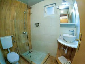 een badkamer met een douche, een wastafel en een toilet bij Pansion Stari Grad in Sarajevo