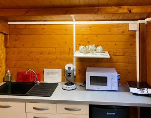 a kitchen with a sink and a microwave at Les îlots du soleil levant in Saint-André