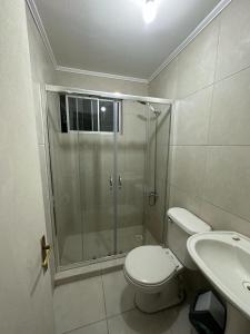 a bathroom with a shower and a toilet and a sink at Casa 3 dormitorios Coquimbo in Coquimbo +6 photos