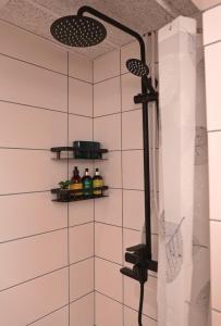 a shower in a bathroom with a shower head at Kantreküla Apartment in Viljandi