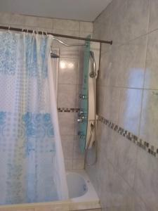 y baño con ducha y cortina de ducha. en AzulTDF C en Ushuaia