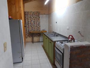 een keuken met een fornuis, een wastafel en een koelkast bij Lo de Quebu Cabaña en la Montaña in Potrerillos