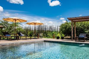 einen Pool mit 2 Stühlen und Sonnenschirmen neben einem Pool in der Unterkunft JW Marriott Masai Mara Lodge in Masai Mara