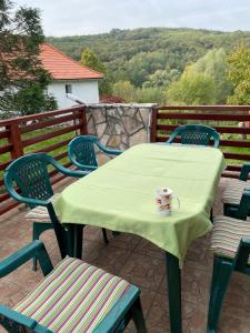 - une table et des chaises avec une tasse de café sur la terrasse dans l'établissement Sziszi Vendégház, à Kovácsszénája