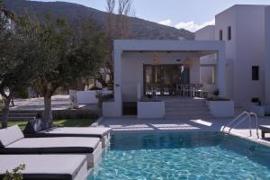 a villa with a swimming pool in front of a house at Isida Andros in Agios Petros