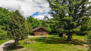 uma cabana de madeira no meio de um parque com árvores em Les Chalets Tourisma - Chalet sur une île privée avec spa - Le Pin Royal em Saint-Raymond