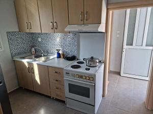 uma pequena cozinha com um fogão e um lavatório em Giannis country house em Palaiokómi