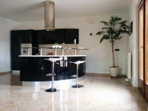 a kitchen with a bar with stools and a palm tree at Apartment Camellie in Galižana