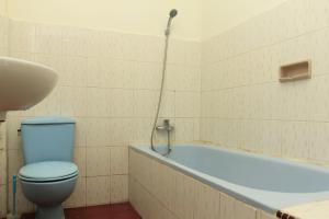 a bathroom with a blue toilet and a bath tub at SONY COTTAGE in Tuk Tuk