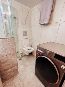 a bathroom with a washing machine and a toilet at Minimal 3BR Apartment in Athens in Athens