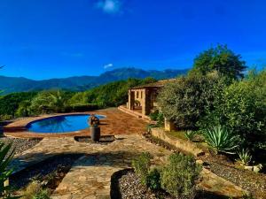 une arrière-cour avec une piscine et une maison dans l'établissement Villa & Poolhouse with Private Pool 360 degrees view 'Spinola' in pure nature, à Alozaina