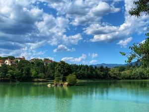 une grande masse d'eau avec des arbres et des nuages dans l'établissement Residenza di Campagna Montelleri, à Vicchio