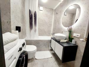 bagno con lavandino, servizi igienici e specchio di Квартира в новострое на Ботанике a Chişinău