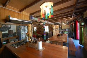 a kitchen with a counter and a stove in a room at Duub Cabañas in Las Trancas