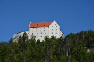 un gran castillo blanco en la cima de una montaña en Ferienwohnungen am Schambacher Weg, en Riedenburg