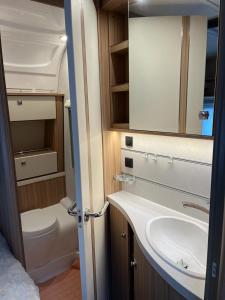 een badkamer met een wastafel, een toilet en een spiegel bij Leihwohnwagen Camping-Aach in Oberstaufen