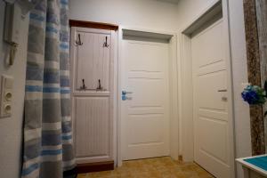 a hallway with two doors and a shower at Hohenzollernpassage Wohnung Seemöwe in Büsum +6 photos