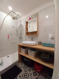 a bathroom with a sink and a shower at La Galinette Marseille entre plage et calanques in Marseille