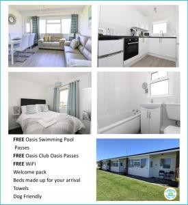 a collage of four pictures of a white room at Sunbeach Chalets in Great Yarmouth