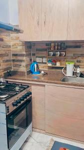 cocina con fogones y fregadero en Porto Said chalet for rent بورتوسعيد بورتو سعيد, en Puerto Saíd